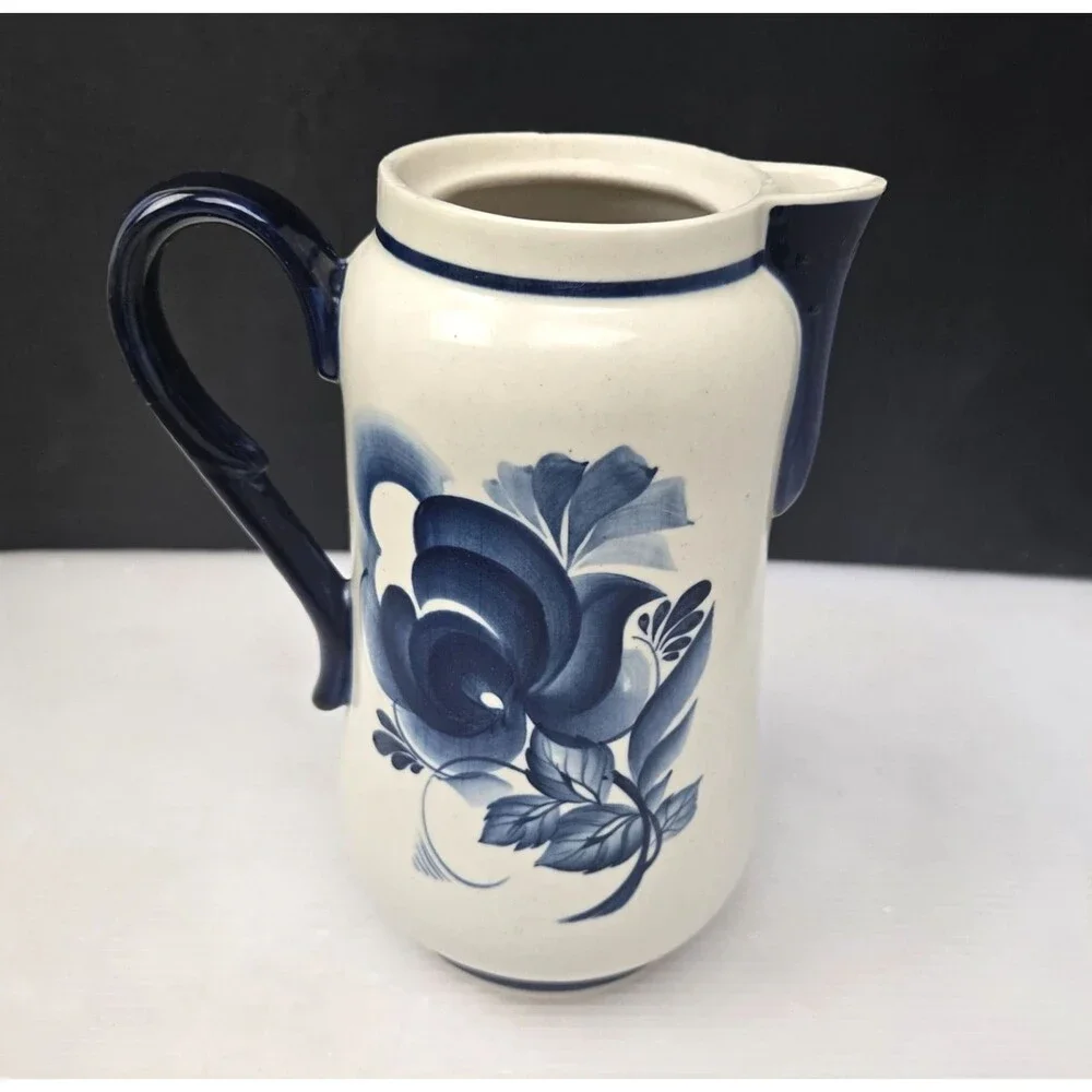 Vintage Gzhel-Stye Russian Water Pitcher Vase Ewer Cobalt Blue Floral Signed 8